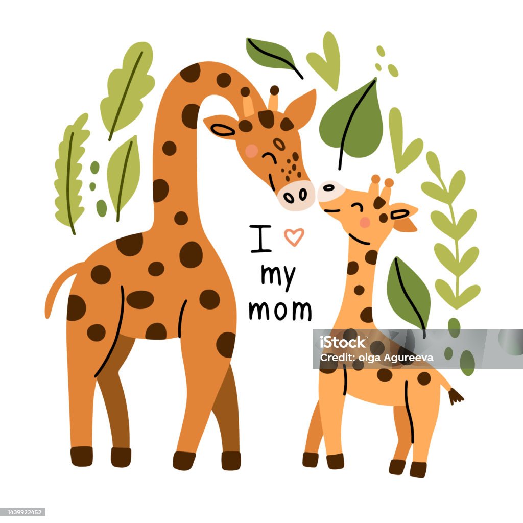 Mother Giraffe With Baby Vector Illustration Isolated On White
