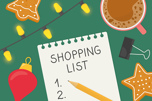 christmas shopping list written on a paper sheet with coffee, lights, bauble, gingerbread cookies, pencil- vector illustration