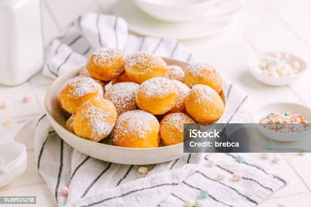 Cottage Cheese Donuts Balls With Sugar In A Bowl Healthy Curd Dessert Stock Photo - Download Image Now