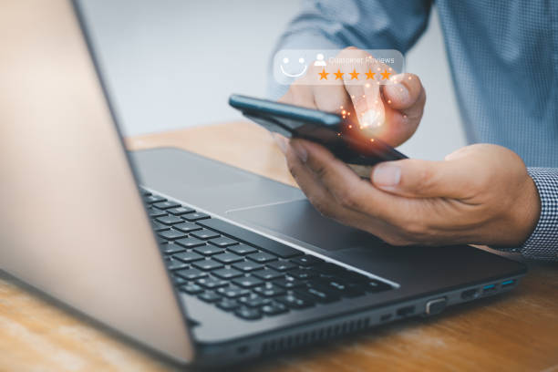istock Customer service and satisfaction review, Client writing reviews from customers who use the products and services of the store to express their satisfaction and increase the credibility of the store. 1439925208