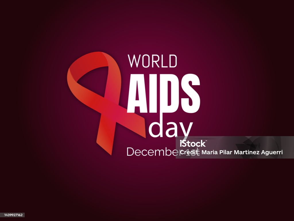 Всемирный день борьбы со СПИДом.1 декабря.Красная лента и день празднования на темном фоне. - Векторная графика World AIDS Day роялти-фри