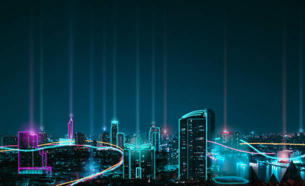 istock Smart city with speed line glowing light trail surround the city. big data connection technology concept. 1439927437