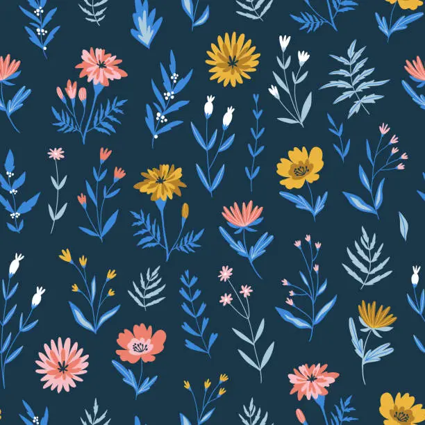 Vector illustration of Vector hand-drawn seamless floral print for day of the dead. Marigolds and other plants. Fabric pattern design. Flowers on the dark blue background.