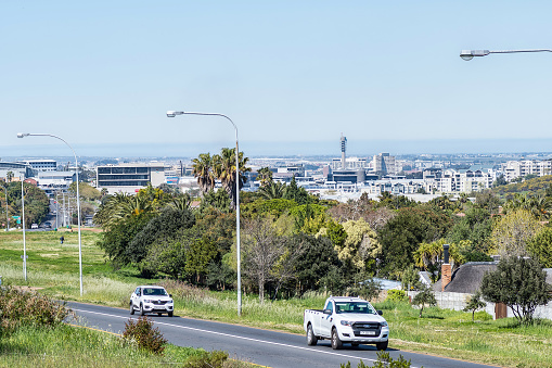 Bellville, South Africa - Sep 13, 2022: A view of the business center of Bellville, in the Cape Town metroplitan area. Vehicles are visible