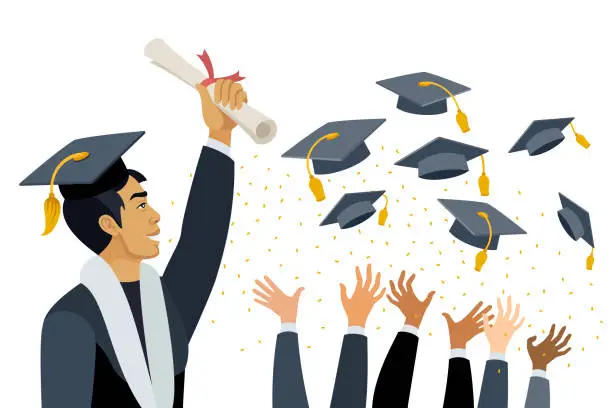 Vector illustration of Young Asian Man at graduation. Students throw graduation caps in the air.