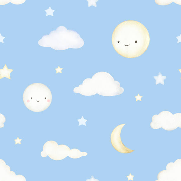 istock Night sky seamless pattern. Moon, cloud, stars, hand drawn illustration. Blue background. For baby prints, postcards, textile, wrapper. 1439928748