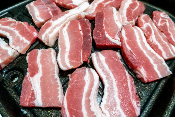 Korean style sliced skinless pork belly meat stock photo