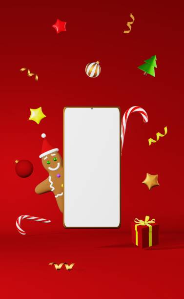 istock Smartphone mockup Christmas cookie Gingerbread man Santa hat levitating 3d rendering red background. Xmas advertisement. 1439928840