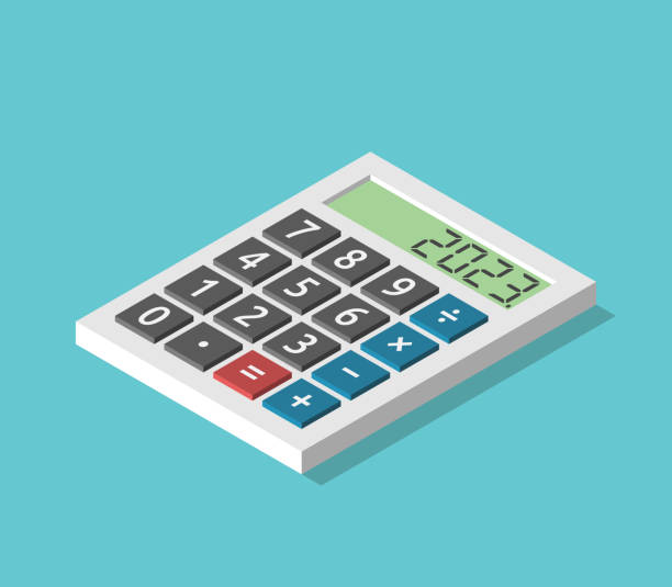 Isometric calculator, 2023 year Isometric calculator with 2023 year text on display. Accounting, tax, economy, finance, science, education, mathematics concept. Flat design. EPS 8 vector illustration, no transparency, no gradients budget cuts stock illustrations