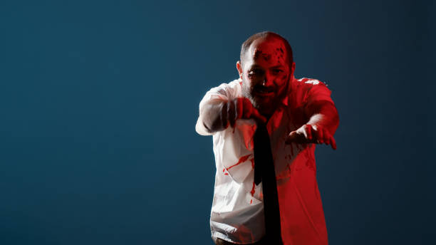 istock Frightening zombie surrounded by police on blue background. 1439929749