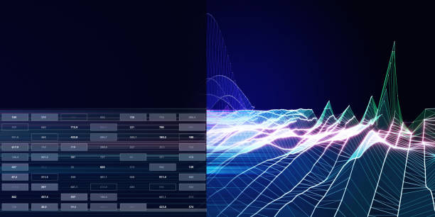 istock Abstract background wireframe noise grid with color blurred lines and data list. Represent concept of 3d algorithms. Big Data. Banner for business, science and technology. 1439929905