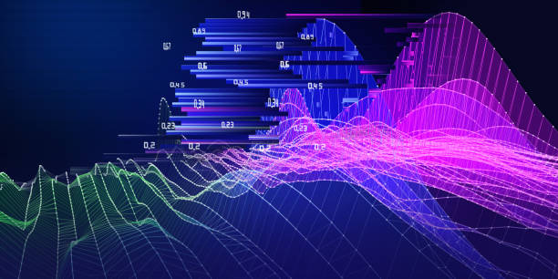 istock Abstract background wireframe noise grid with data on dark blue. Represent concept of 3d algorithms. Big Data. Banner for business, science and technology. 1439930083