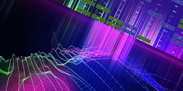 istock Abstract background wireframe noise grid with data list on dark blue. Represent concept of 3d algorithms. Big Data. Banner for business, science and technology. 1439930084