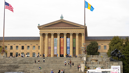 Philadelphia, Pa. USA, Nov. 6, 2022: facade of the Philadelphia art museum with the matisse exhibit, Philadelphia, Pa. USA
