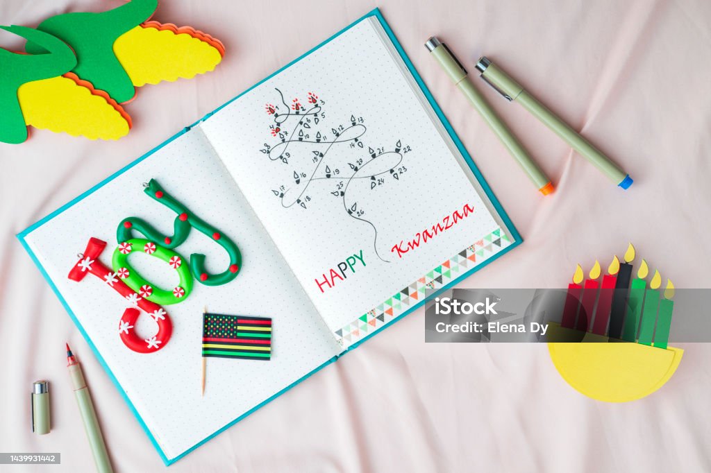 Homemade bullet journal  with kwanzaa calendar Kwanzaa Stock Photo