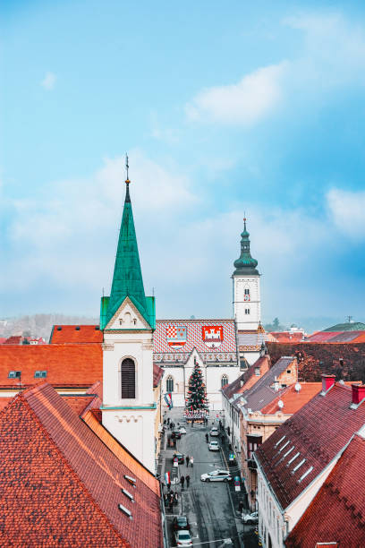 St. Mark's church tower and rooftops in Zagreb in winter stock photo