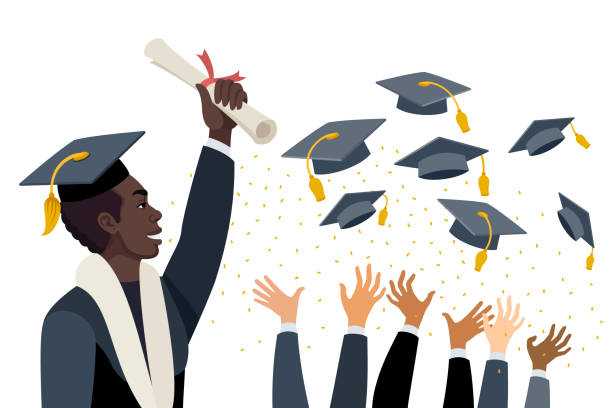 Young African American Man at graduation. Students throw graduation caps in the air. vector art illustration