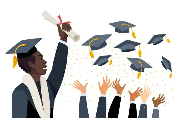 Vector illustration of Young African American Man at graduation. Students throw graduation caps in the air.