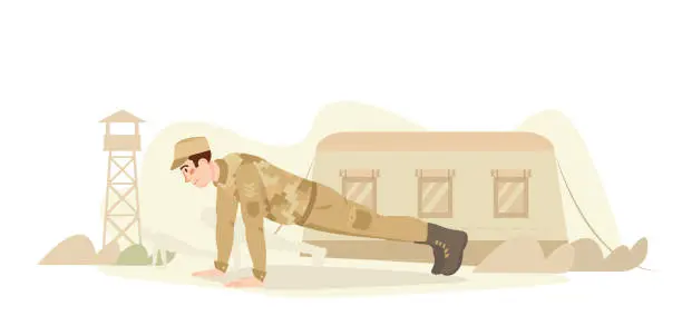 Vector illustration of Army training, military training. Solider doing press-ups, push-ups. Physical training in the military camp, base. Sport. Fight, combat preparation. Flat vector illustration.