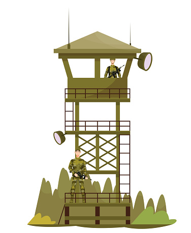 Guard tower, watch tower with guards, soldiers. Look out, military base, camp. Military service. Flat vector illustration. Army concept.
