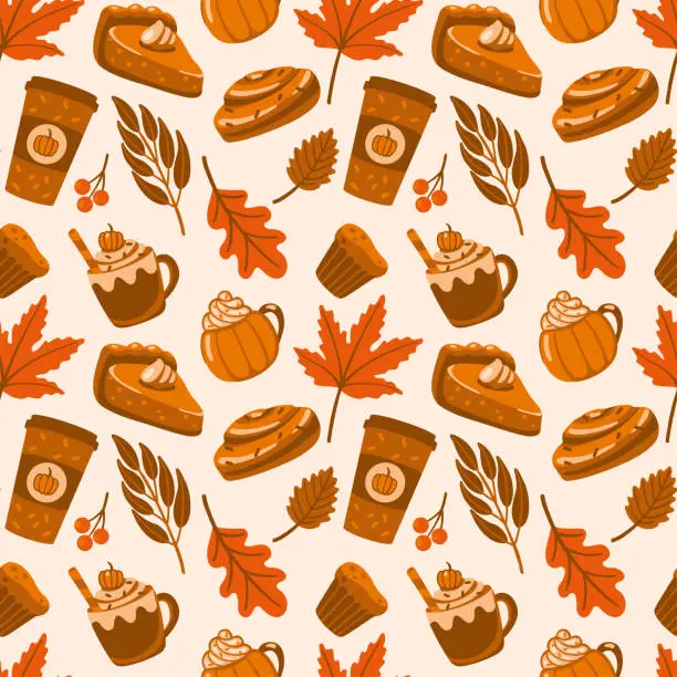 Vector illustration of Spice coffee and pumpkin pie, autumn leaves. Autumn mood. Seamless pattern in orange colores.
