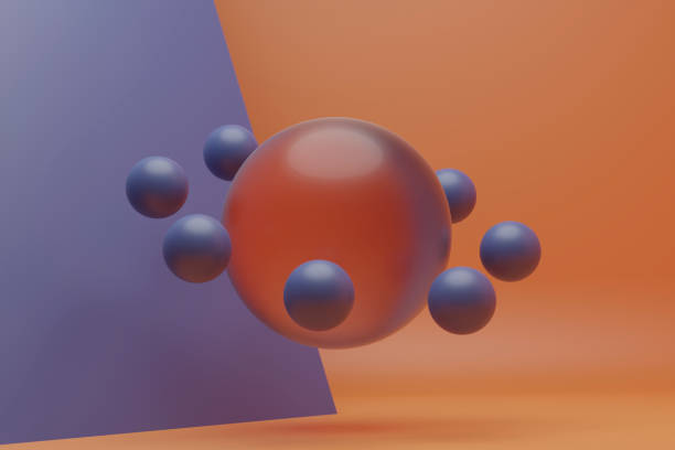 Floating 3D Glass sphere with smaller blue spheres around on a purple and orange background