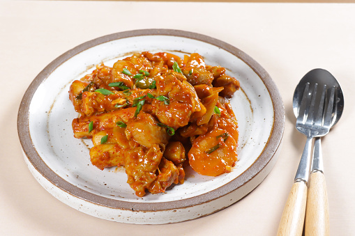 Dakgalbi or Dak Galbi is Korean spicy chicken stir fry.