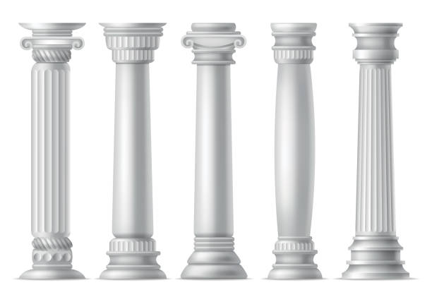 istock Antique columns, realistic icon set. Classic stone pillars of roman or greece architecture with twisted and groove ornament for facade design 1439939010