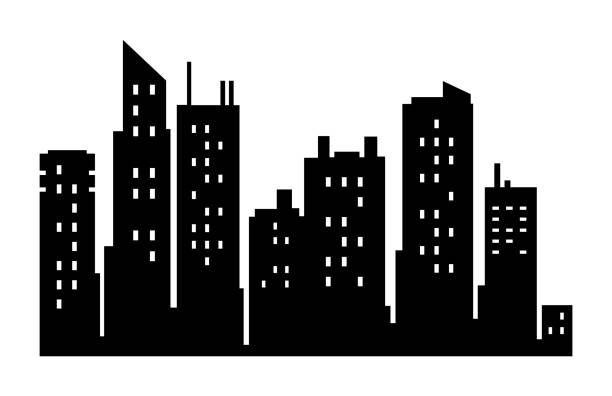 Vector city silhouette. Modern urban landscape. High building with windows. Illustration on white background Vector city silhouette. Modern urban landscape. High building with windows. Illustration on white background. construction buildings silhouette stock illustrations