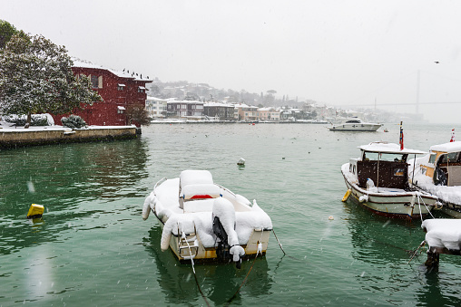 Snowy day in Bosphorus. Cengelkoy, Istanbul, Turkey.