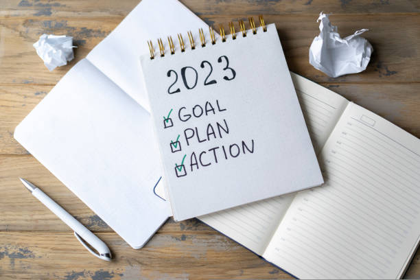istock Notepad with plans for the next year and the inscription - 2023 goal, plan, action 1439939542