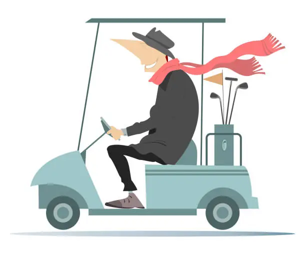 Vector illustration of Golfer man rides the golf cart illustration
