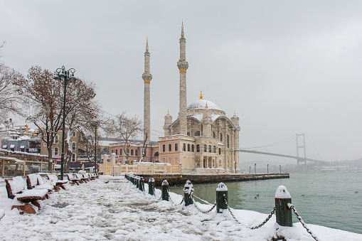 Istanbul, Turkey - January 8, 2017: Snowy day in Ortakoy, Istanbul, Turkey. View of Ortakoy Mosque and Bosphorus Bridge.