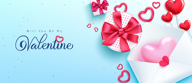 Valentine's gift vector background design. Will you be my valentine text in pattern space with gift box and invitation card envelope. Vector Illustration.