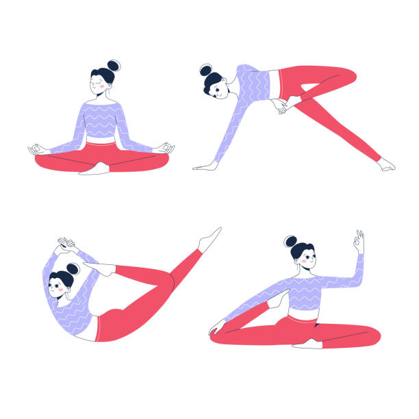 다른 요가 자세를 취한 여성의 컬렉션입니다. 개요 벡터 그림입니다. - white background yoga exercising women stock illustrations
