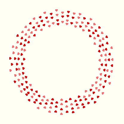Hearts in ring, two shades of red, random size, around copy space