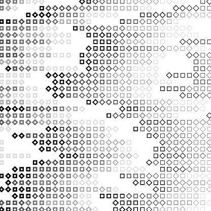 Fading duotone pattern of solid grayscale squares rotating dots