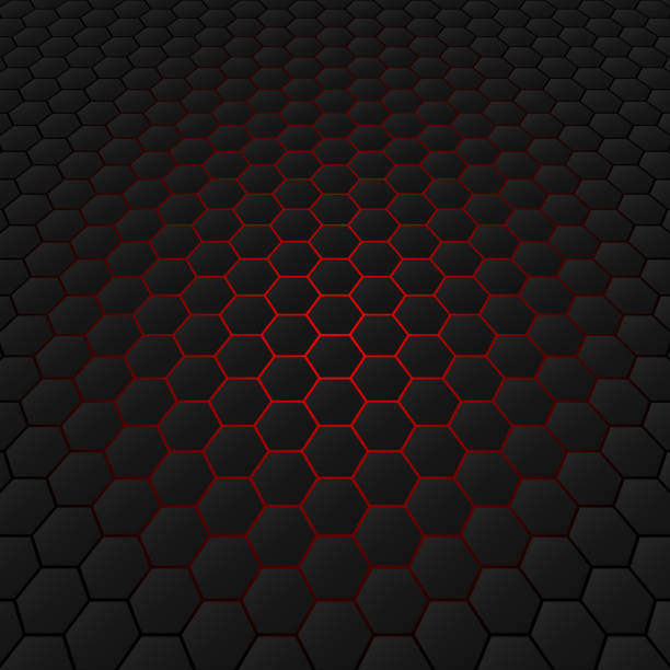3D-honeycomb pattern with individually colored shapes Red glow behind backlit hexagon tiles covering surface. Honeycomb pattern with individually colored shapes. Gradient. red carbon fibre stock illustrations