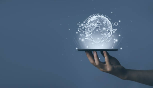 istock Businessman showing a globe with an icon. Big Data Digital Link Technology Internet connection application online. 1439942246