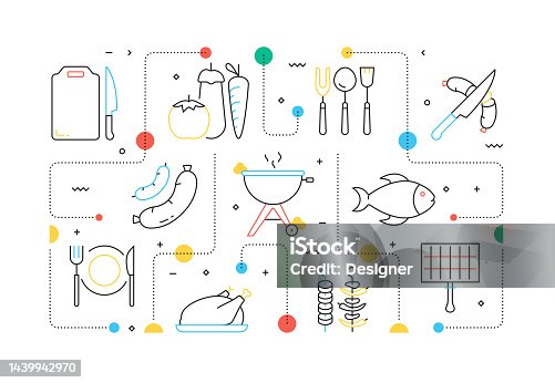 istock BBQ AND GRILL Related Line Style Banner Design for Web Page, Headline, Brochure, Annual Report and Book Cover 1439942970