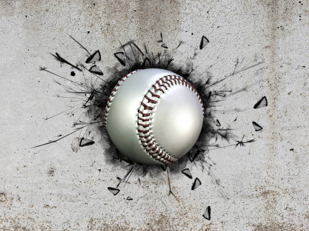 illustrazione 3d di una palla sportiva bloccata in un muro - baseballs baseball breaking broken foto e immagini stock