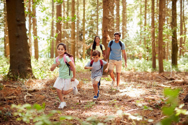 famiglia con zaini escursioni o passeggiate attraverso la campagna boschiva - medio orientale foto e immagini stock