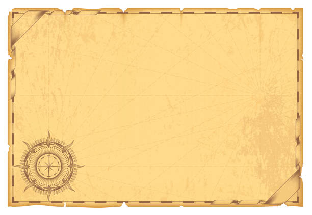 eine alte navigationskarte auf gelbem pergament mit abgerissenen rändern. ineinander verschlungene bänder an den ecken. vintage-kompassmuster in der ecke. gestrichelte linien von parallelen und meridianen - compass compass rose north direction stock-grafiken, -clipart, -cartoons und -symbole