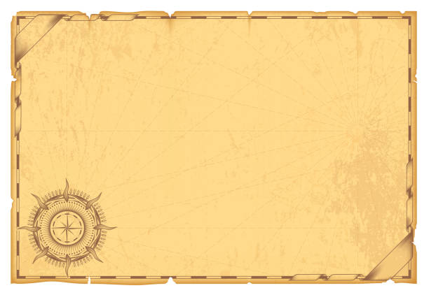 stara mapa nawigacyjna na żółtym pergaminie z podartymi krawędziami. przeplatające się wstążki w rogach. wzór kompasu w stylu vintage w rogu. przerywane linie równoleżników i południków - compass drawing compass map cartography stock illustrations