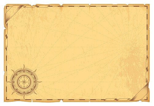 An old navigation map on yellow parchment with torn edges. Intertwining ribbons at the corners. Vintage compass pattern in the corner. Dotted lines of parallels and meridians