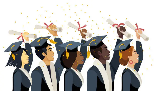 Vector illustration of Multi-ethnic friends graduating together, in cap and gown. Graduating class.