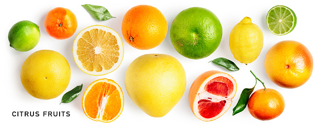 Different citrus fruits set. Pomelo, grapefruit, orange, lemon, clementine, tangerine and lime fruit isolated on white background. Creative layout. Flat lay, top view. Design element