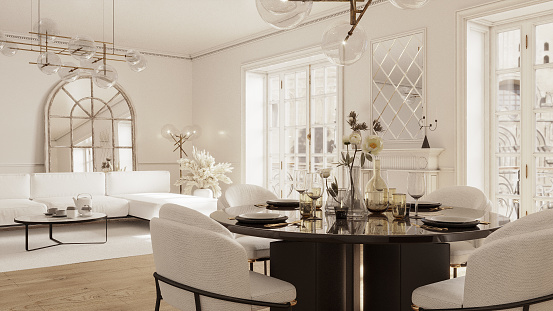 Elegant French Style Living Room Interior Design. 3D Rendering.