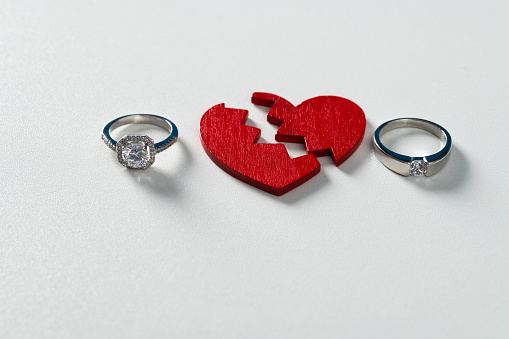 Broken heart and rings on white background.