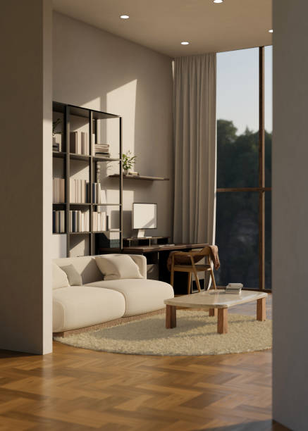 istock Modern contemporary apartment living room with working space interior design with comfy sofa 1439948048